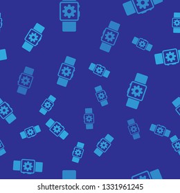 Blue Smartwatch setting icon isolated seamless pattern on blue background. Smart watch settings. Vector Illustration