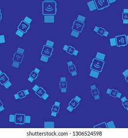 Blue Smartwatch with wireless symbol icon isolated seamless pattern on blue background. Vector Illustration