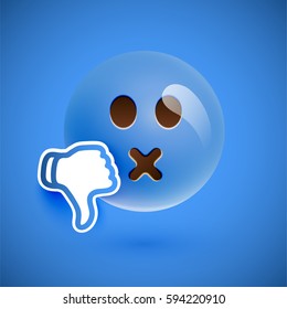 Blue smiley emoticon with thumbs down, vector illustration