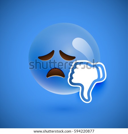 Blue smiley emoticon with thumbs down, vector illustration