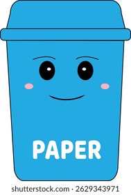 A blue smiling cartoon-style trash bin with a label "PAPER", great for educational and eco-awareness designs.