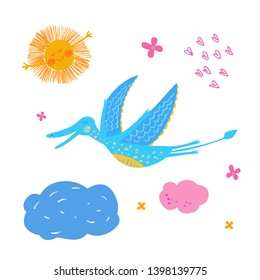 Blue smiling dinosaur is flying. Pterosaur. Cute animal. Vector background. Isolated hand drawn illustration. Funny character for kids. Pencil texture. Happy Dino.
