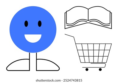 Um rosto sorridente azul ao lado de um livro aberto com contorno preto e um carrinho de compras. Ideal para educação, compras on-line, leitura, felicidade e consumismo. Estilo simples e moderno