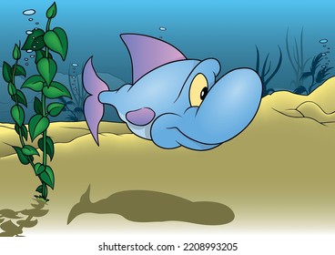 Blue Smiling Fish With A Big Nose From Profile - Colored Cartoon Illustration With Background, Vector