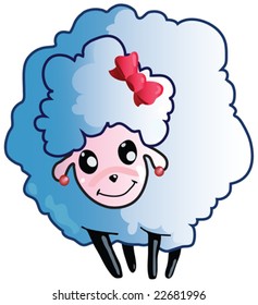 Blue smiling lamb with a red bow