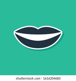 Blue Smiling lips icon isolated on green background. Smile symbol.  Vector Illustration
