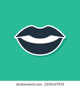 Blue Smiling lips icon isolated on green background. Smile symbol.  Vector