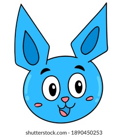blue smiling rabbit emoticon head, character cute doodle draw. vector illustration