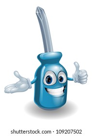 A blue smiling screwdriver mascot man giving a thumbs up