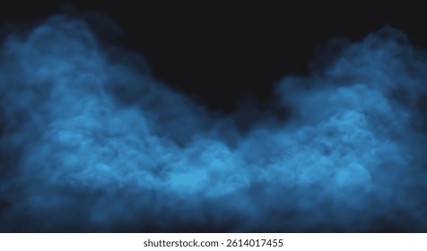 Blue smoke cloud on black transparent background. Fog vector effect.