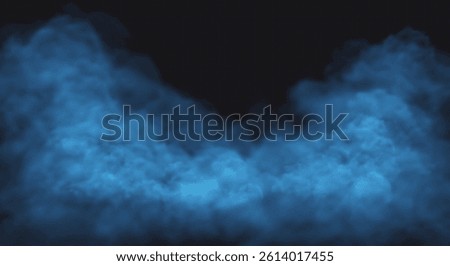 Blue smoke cloud on black transparent background. Fog vector effect.