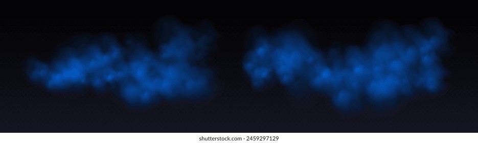 Blaue Rauchwolken, Dampf oder Dunst isoliert auf schwarzer, abstrakter Rauchüberlagerung. Vektorillustration.