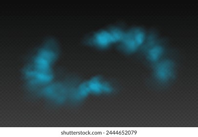 Blue smoke, colorful fog, realistic smog, haze, mist or cloudiness effect isolated on transparent background. Colored powder, holi celebration concept. Vector illustration.