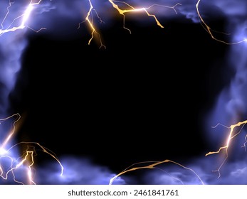 Blue smoke effect and orange lightning strikes frame background. Realistic storm clouds with magical energy flashes. Glowing thunderbolt with fog border design on black