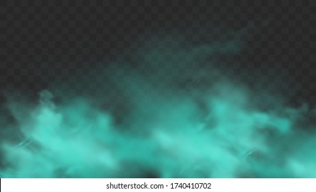 Blue smoke isolated on dark transparent background. Realistic blue magic mist cloud, chemical toxic gas, steam waves. Realistic vector illustration