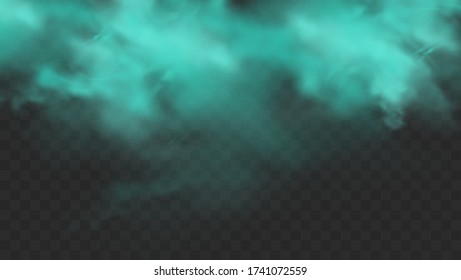 Blue smoke isolated on dark transparent background. Realistic blue magic mist cloud, chemical toxic gas, steam waves. Realistic vector illustration