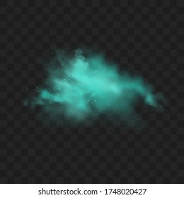 Blue smoke isolated on dark transparent background. Realistic blue magic mist cloud, chemical toxic gas, steam waves. Realistic vector illustration