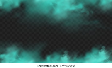 Blue smoke isolated on dark transparent background. Realistic blue magic mist cloud, chemical toxic gas, steam waves. Realistic vector illustration.