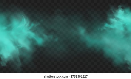 Blue smoke isolated on dark transparent background. Realistic blue magic mist cloud, chemical toxic gas, steam waves. Realistic vector illustration.