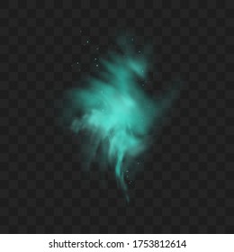 Blue smoke isolated on dark transparent background. Realistic blue magic mist cloud, chemical toxic gas, steam waves. Realistic vector illustration