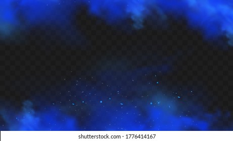 Blue smoke isolated on dark transparent background. Realistic blue magic mist cloud, chemical toxic gas, steam waves. Realistic vector illustration.