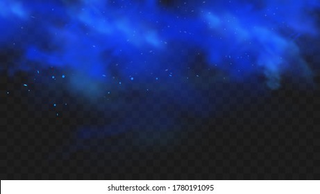 Blue smoke isolated on dark transparent background. Realistic blue magic mist cloud, chemical toxic gas, steam waves. Realistic vector illustration