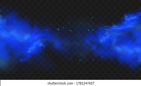 Blue smoke isolated on dark transparent background. Realistic blue magic mist cloud, chemical toxic gas, steam waves. Realistic vector illustration.