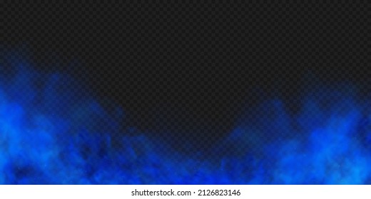 Blue smoke isolated on dark transparent background. Realistic blue magic mist cloud. Realistic vector illustration.
