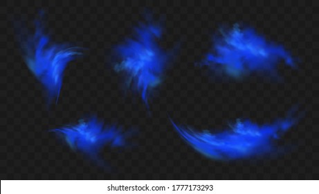 Blue smoke isolated set on dark transparent background. Realistic blue magic mist cloud, chemical toxic gas, steam waves. Realistic vector illustration