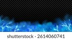 Blue smoke with lightning background. Thunder bolt effect in transparent clouds. Magic fog frame, vector horizontal energy light design illustration
