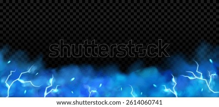 Blue smoke with lightning background. Thunder bolt effect in transparent clouds. Magic fog frame, vector horizontal energy light design illustration