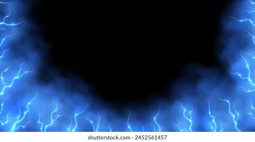 Blauer Rauch mit Blitzen abstrakter Hintergrund, Donnerschläge und Dampf, Blitz in blauem Nebel. Neon Dunst mit Energie-Abbuchungen. Vektorillustration.