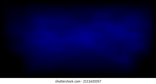 Blue smoke on night dark background, mist fog in sky vector illustration. Abstract fantasy haze atmosphere with smoky texture, nightclub burst presentation, magic space with smog and dust effect