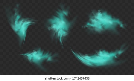 Blue smoke set isolated on dark transparent background. Realistic blue magic mist cloud, chemical toxic gas, steam waves. Realistic vector illustration