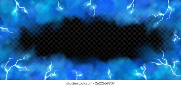 Blue smoke with shining lightning background frame. Thunder bolt effect in transparent clouds. Glowing magic fog border, vector realistic energy light design illustration