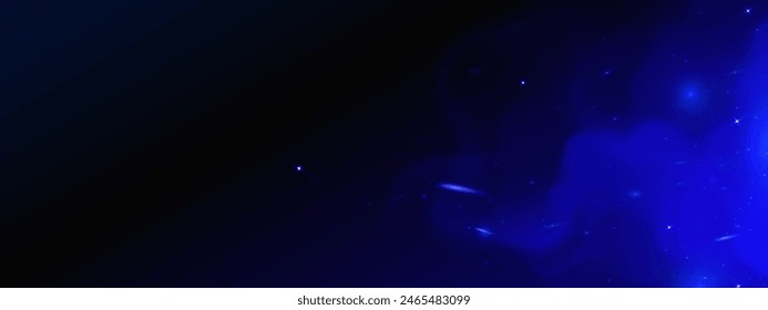 Blue smoke with sparks on black background. Realistic 3d vector illustration of abstract bg with steam cloud and bright sparkles or stars with light overlay effect. Magic burn texture with flare.