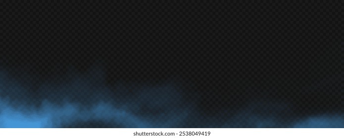 Fumaça azul ou vapor isolado sobre fundo transparente escuro. Efeito especial vetorial de nevoeiro ou nuvens.