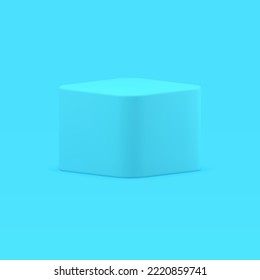 Blue smooth cube squared pedestal container polygonal regular box 3d realistic vector illustration. Symmetric podium square block abstract package geometric decor element foundation platform