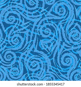 Blaue, glatte Linien, Ecken und Spiralen mit abgerundeten Kanten auf blauem Hintergrund, Vektorgrafik nahtlos.Abstraktes geometrisches Textureis auf Glas.Frost und Eis