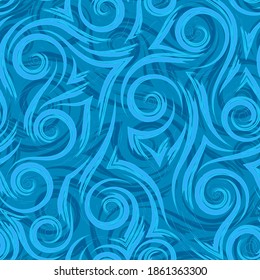 Blaue, glatte Linien, Ecken und Spiralen auf blauem Hintergrund Vektor nahtloses Muster.Abstrakte geometrische Texturwellen Splash of Water