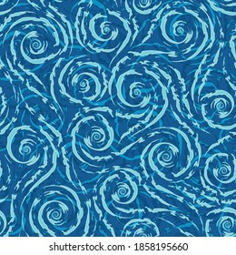 Blaue, glatte Linien und Spiralen mit abgerissenen Kanten, Vektorgrafik nahtlos Muster auf blauem Hintergrund.Abstrakte Textur reiht sich auf Wasser oder Wellen.Eis Muster auf einem Fenster