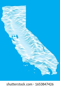 Blue Smooth Topographic Relief Peaks and Valleys Map of US Federal State of California