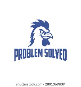 A blue of a smug rooster head with the text Problem Solved underneath, isolated on a white background.