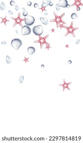 Blue Snail Background White Vector. Oyster Whimsical Pattern. Collection Texture. Red Seashell Creature Design.