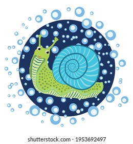 Blue Snail beautiful character in water bubbles, Scandinavian style, hand drawn
