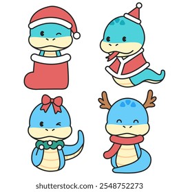 Blue Snake Character Illustration. Holiday Snake Character Dressed as Santa Claus