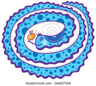 Blue snake with dark blue dots on the body holding an apple on the tongue.