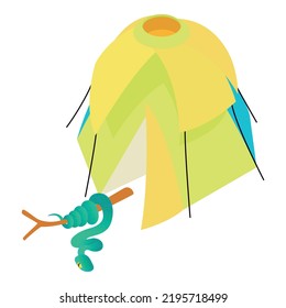 Blue snake icon isometric vector. Insularis snake near open yellow camping tent. Camping, ecotourism, summer rest, recreation, journey