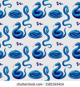 Blue snake seamless vector pattern. Decorative wallpaper for web design or stylish textile print. Blue snakes on white background