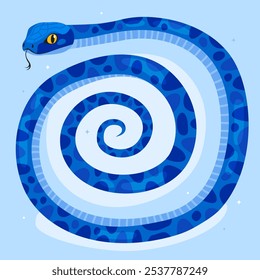 Blue snake in a spiral shape, light blue background. New Year of the Snake, Lunar New Year or Chinese New Year. Animal zodiac cartoon character, mascot, symbol of the year. Illustration for a card.